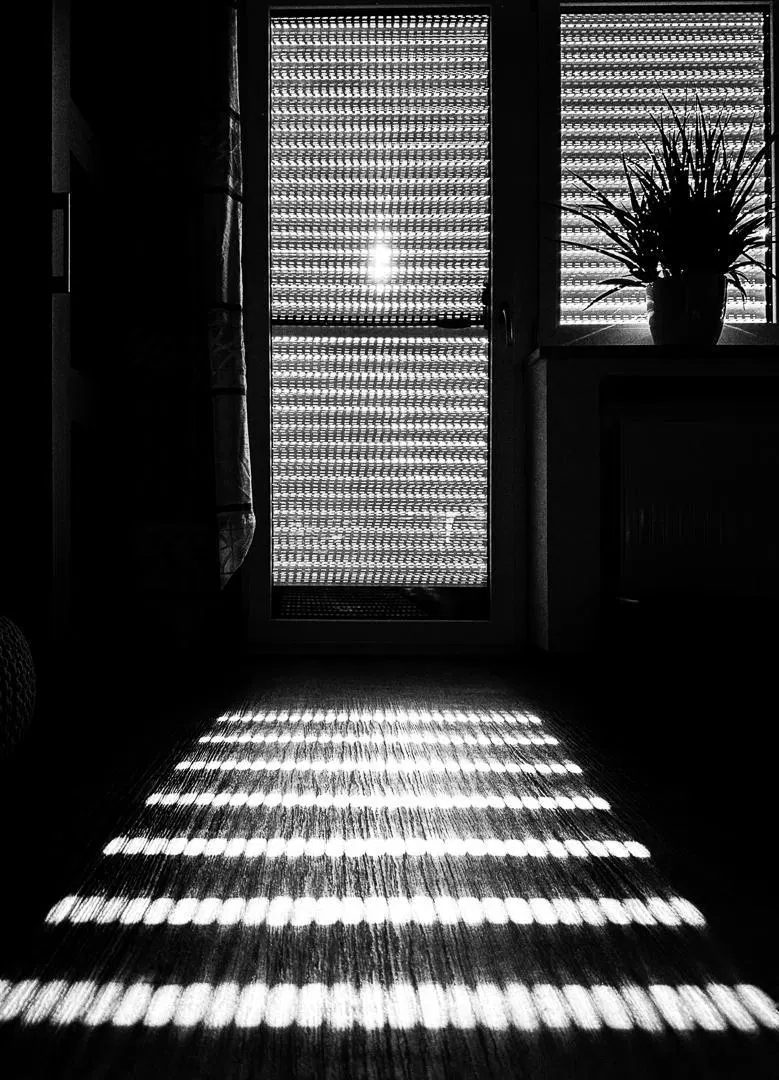 Blick in einen Raum, der ggü mit Jalousien abgeschattet ist. Helles Sonnenlicht dringt durch die Spalte, die Lamellen zeichnen Geometrie auf den Boden.