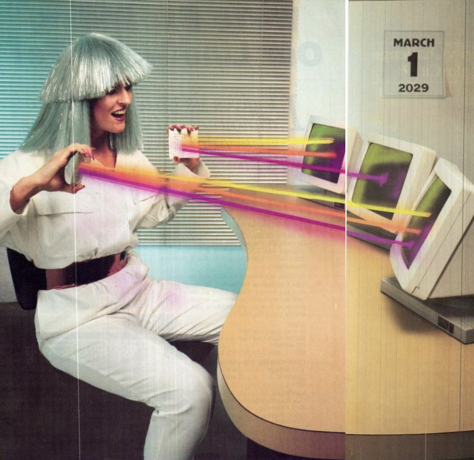 Retro-futuristic scene of a woman with a silver bob haircut in a white outfit firing rainbow laser beams toward three computer monitors, with a wall calendar reading “March 1, 2029.”