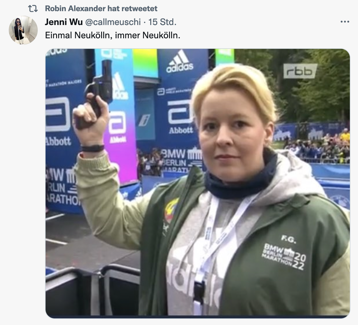 „Einmal Neukölln, immer Neukölln.“ - Frau Giffey mit Marathon-Starterpistole auf rbb Screenshot